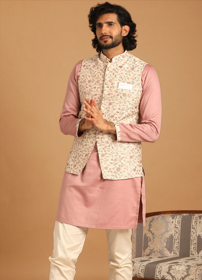 alt message - Manyavar Men Self Design Cream Kurta Jacket Set image number 1