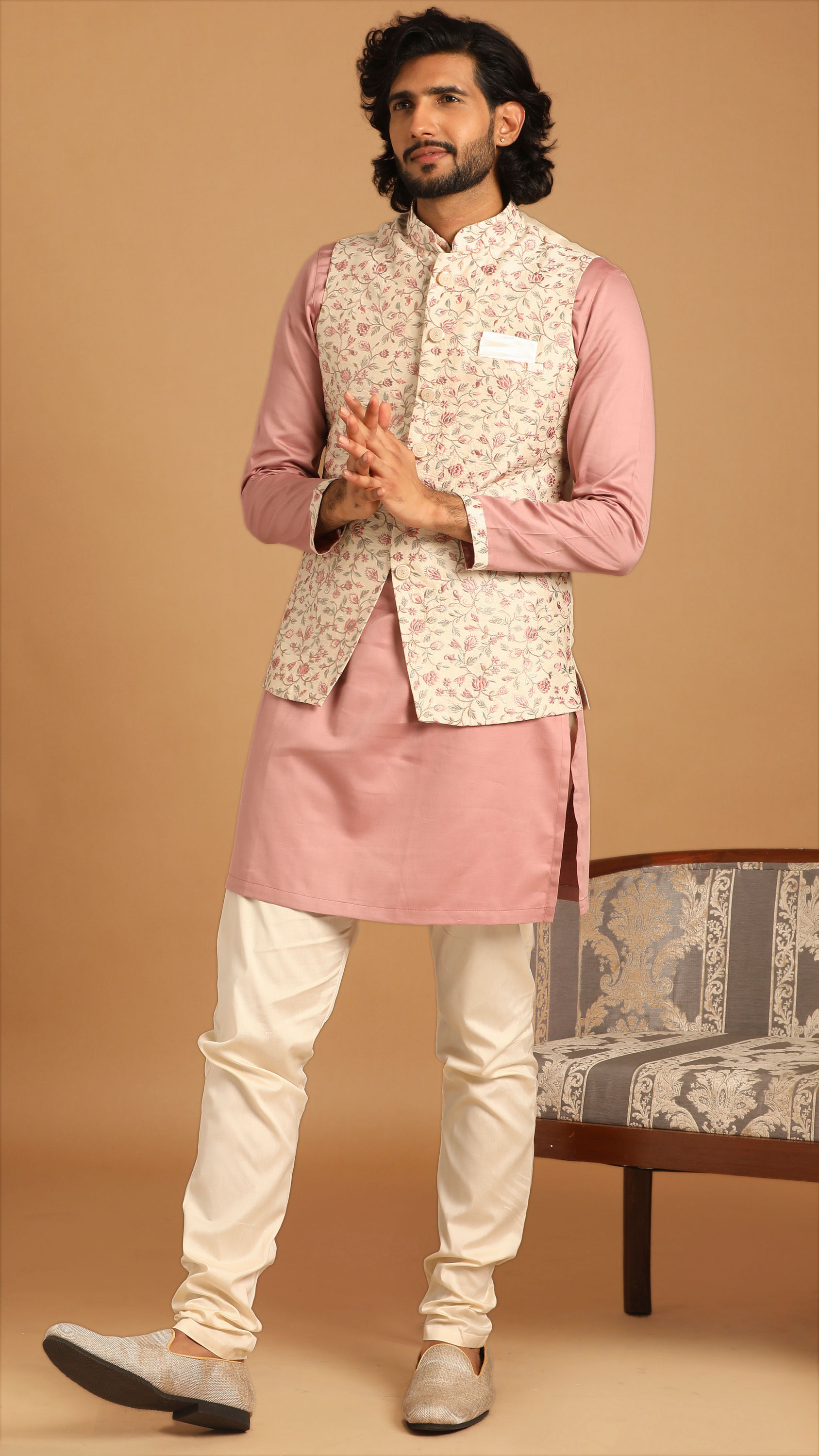 Manyavar Men Self Design Cream Kurta Jacket Set