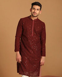 alt message - Manyavar Men Maroon Georgette Kurta Set image number 1