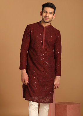 alt message - Manyavar Men Maroon Georgette Kurta Set image number 1