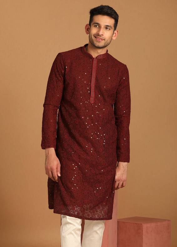 Manyavar Men Maroon Georgette Kurta Set