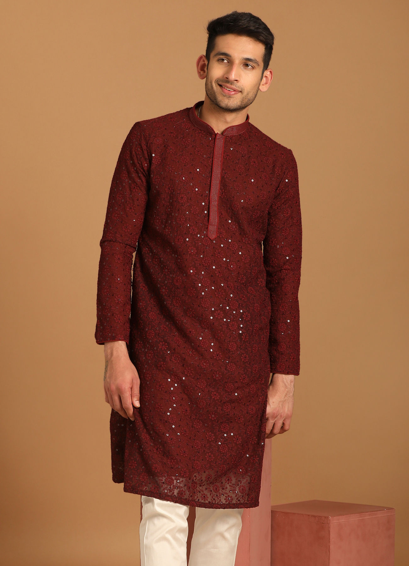 Manyavar Men Maroon Georgette Kurta Set