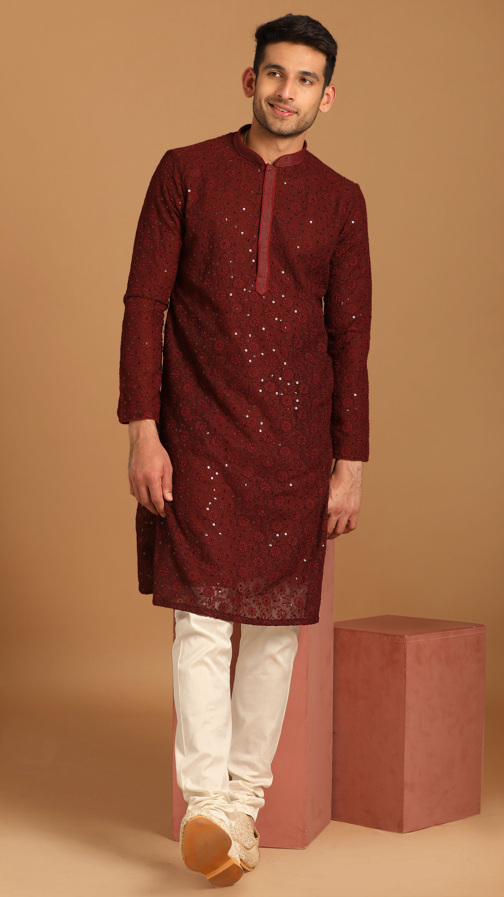 Manyavar Men Maroon Georgette Kurta Set