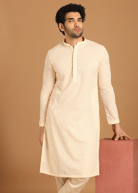 Manyavar Men Faded Pink Chikankari Kurta Set