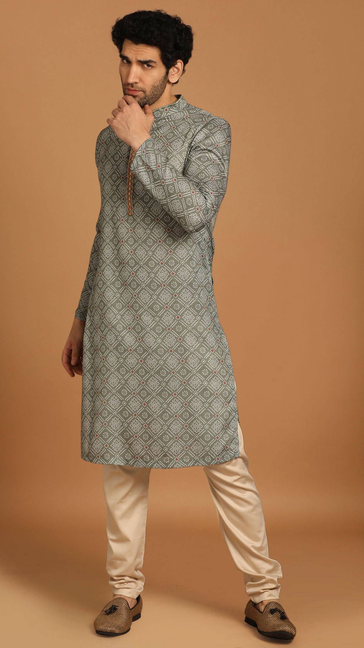 Men'S Olive Printed Cotton Kurta Payjama Sets