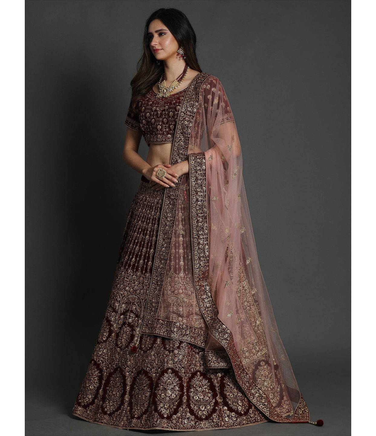 alt message - Mohey Women Royal Maroon Lehenga image number 1