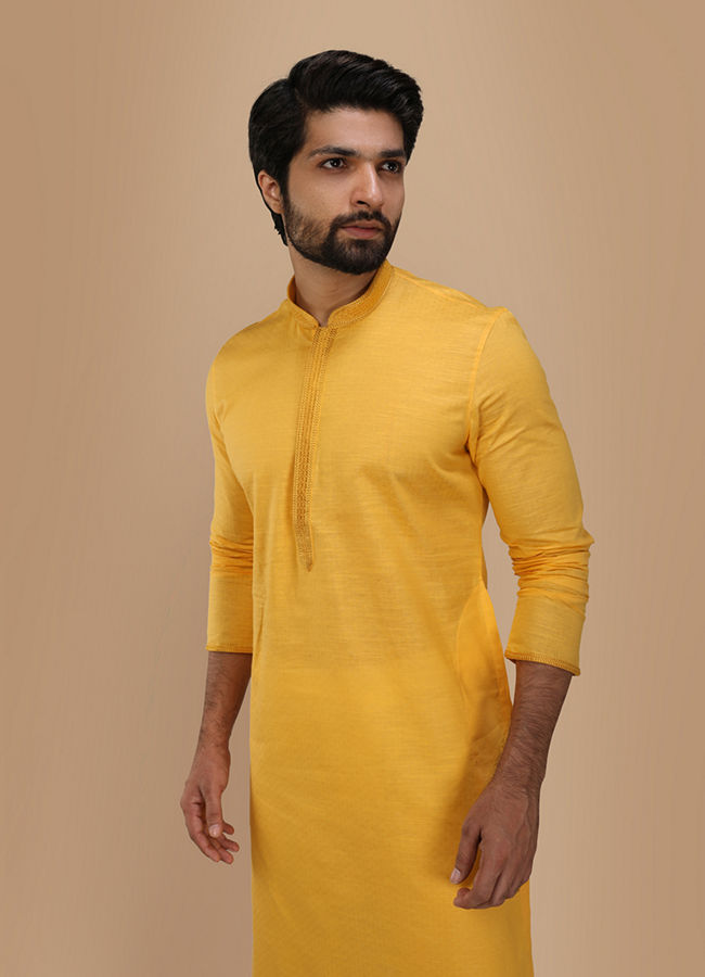 alt message - Manyavar Men Canary Yellow Solid Kurta Set image number 0