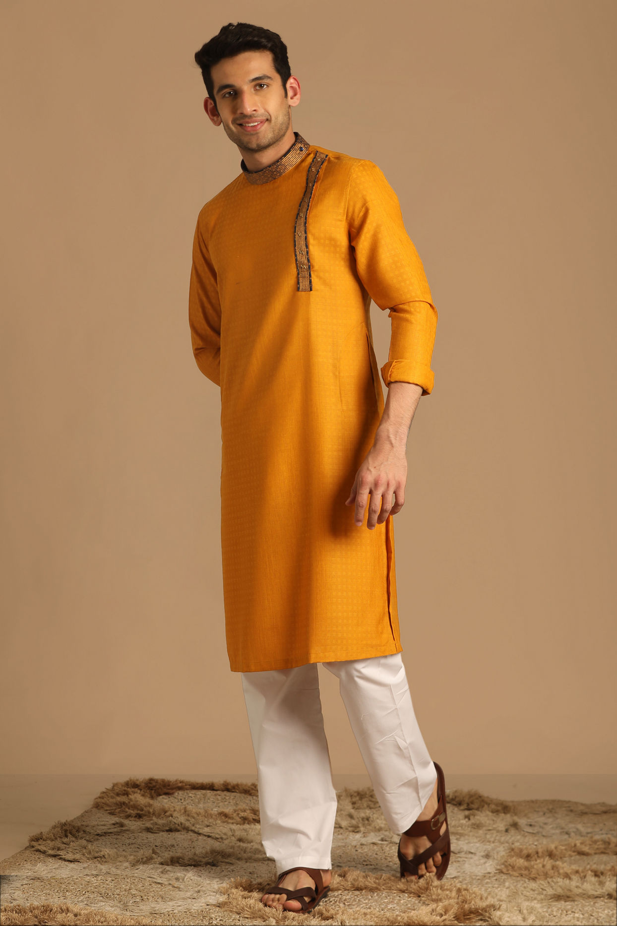 Kurta for Men Buy Mustard Yellow Kurta With Neck Detailing Online