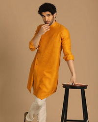 Manyavar Men Mustard Yellow Side Open Asymmetric Kurta