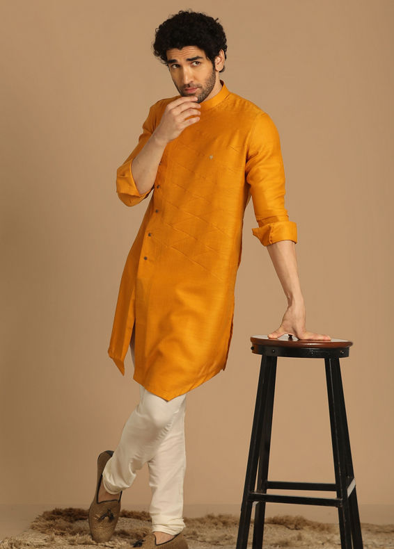 Manyavar Men Mustard Yellow Side Open Asymmetric Kurta