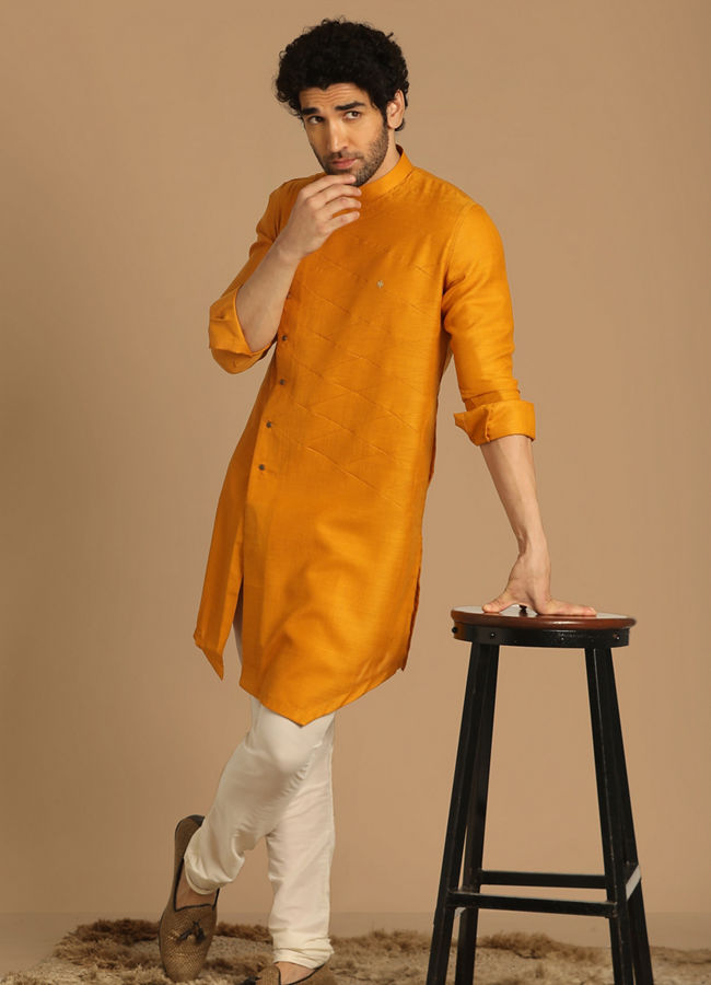 alt message - Manyavar Men Mustard Yellow Side Open Asymmetric Kurta image number 1