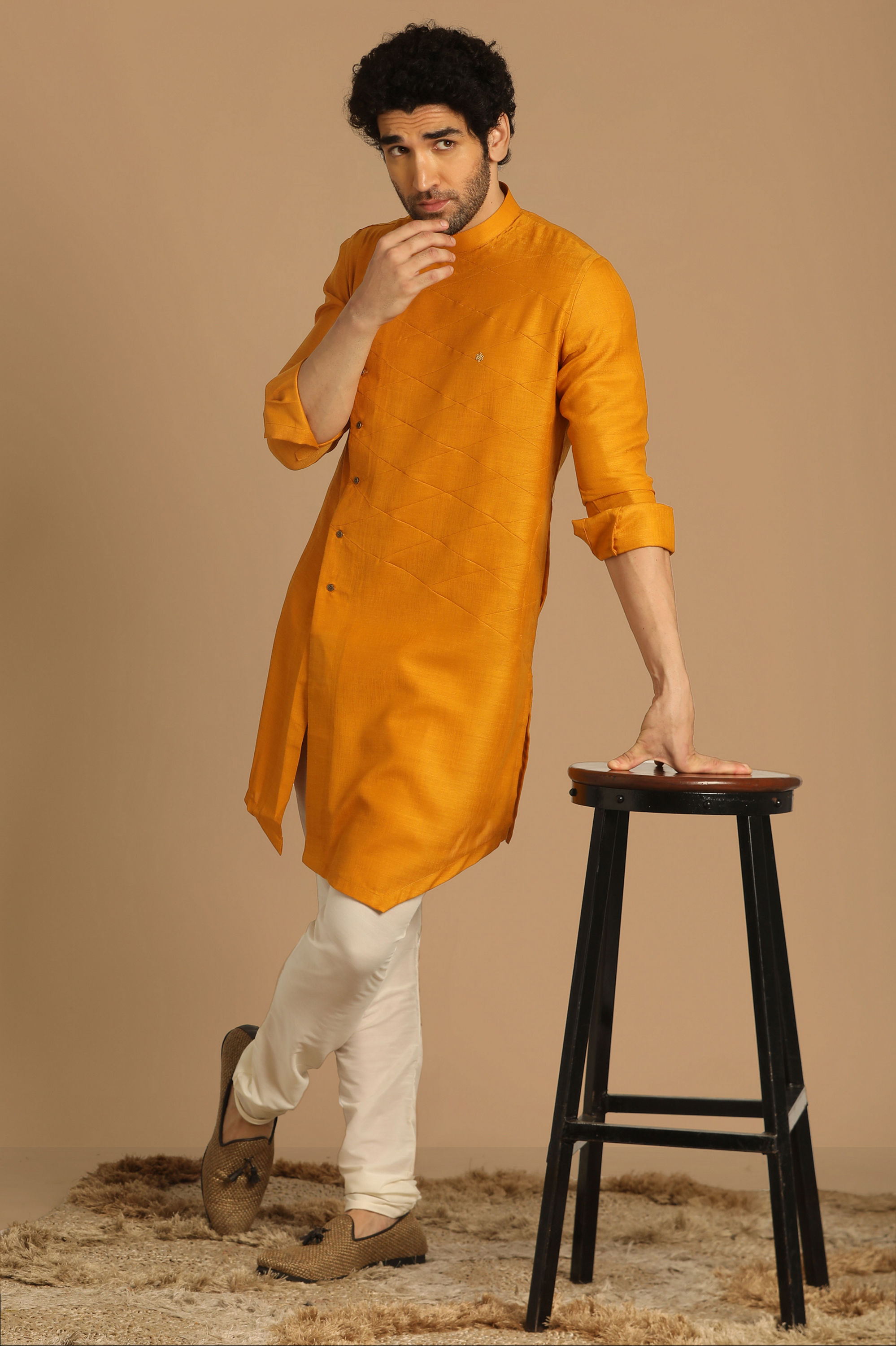 Manyavar Men Mustard Yellow Side Open Asymmetric Kurta