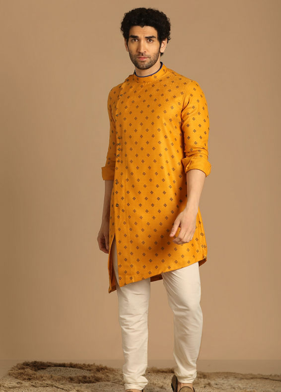 Manyavar Men Boota Work Light Orange Kurta