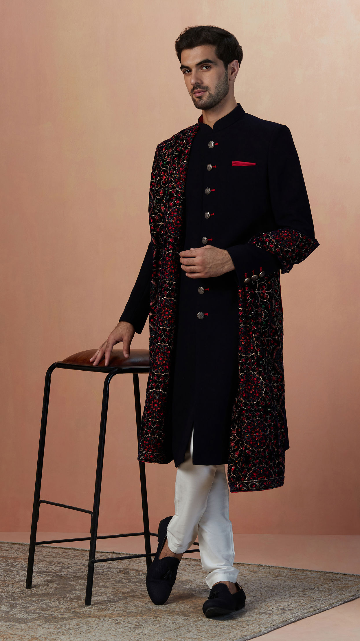 Manyavar Men Blue Rayon Self Texture Embroidered Sherwani
