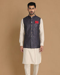 Manyavar Men Navy Blue Printed Modi Jacket