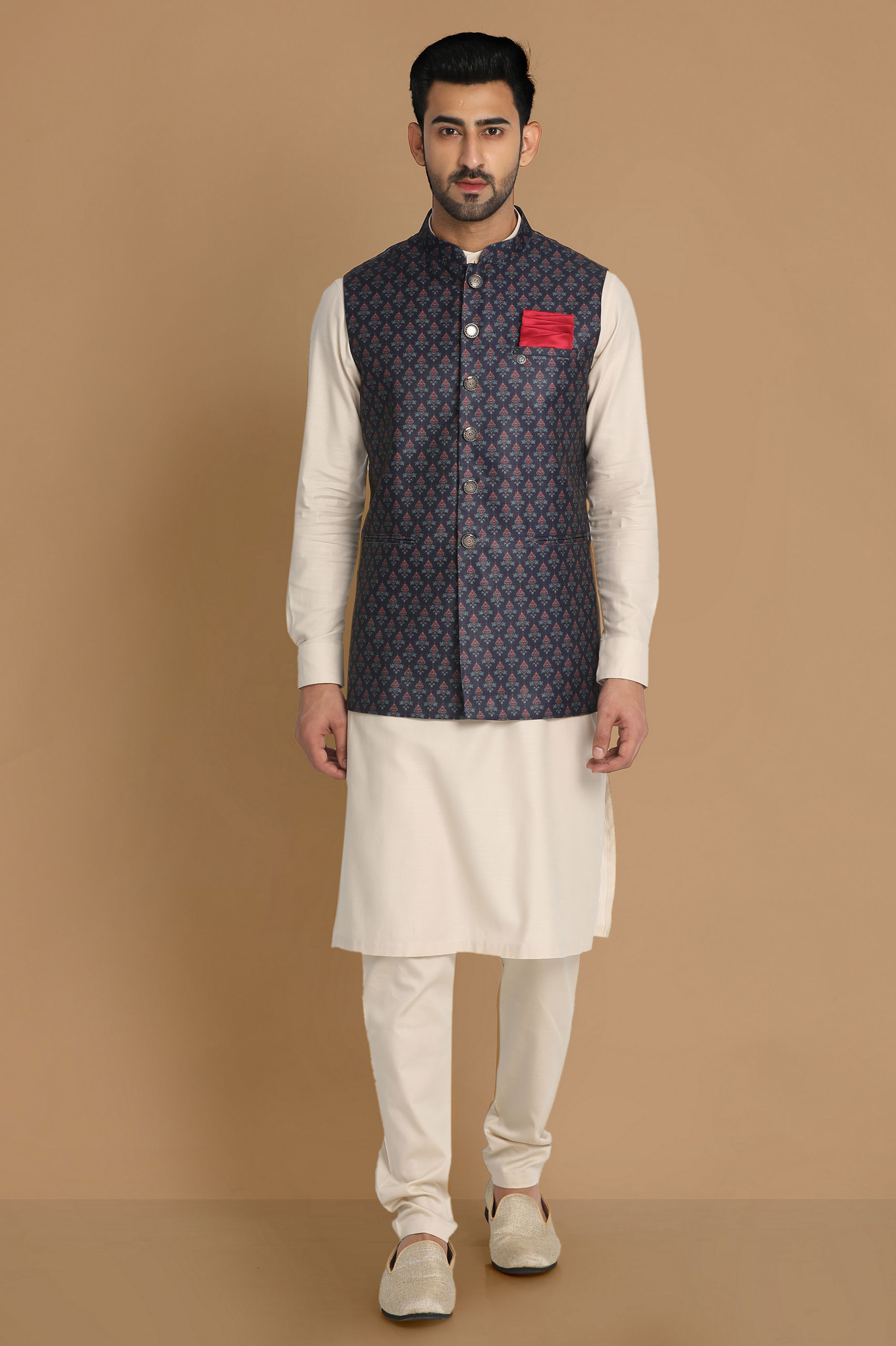 Manyavar Men Navy Blue Printed Modi Jacket