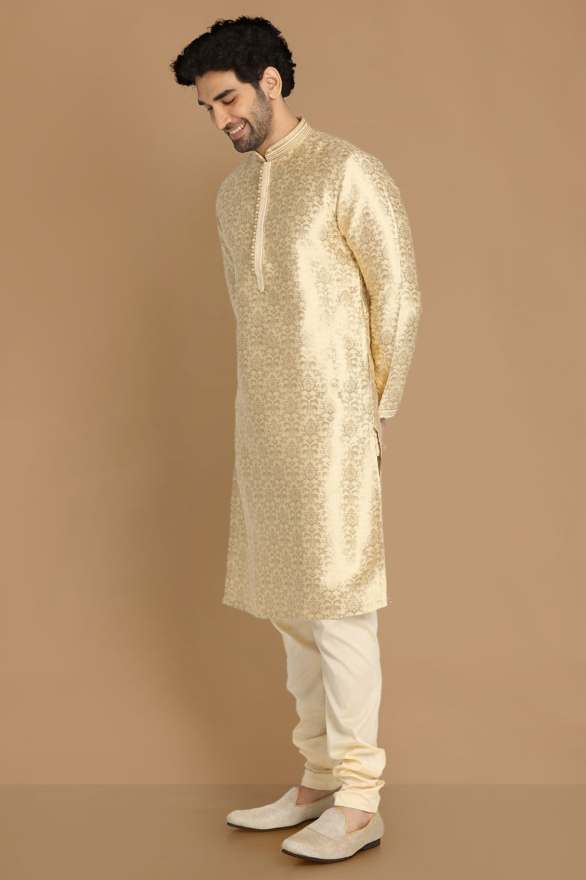 Manyavar Men Beige Jacquard Kurta Set