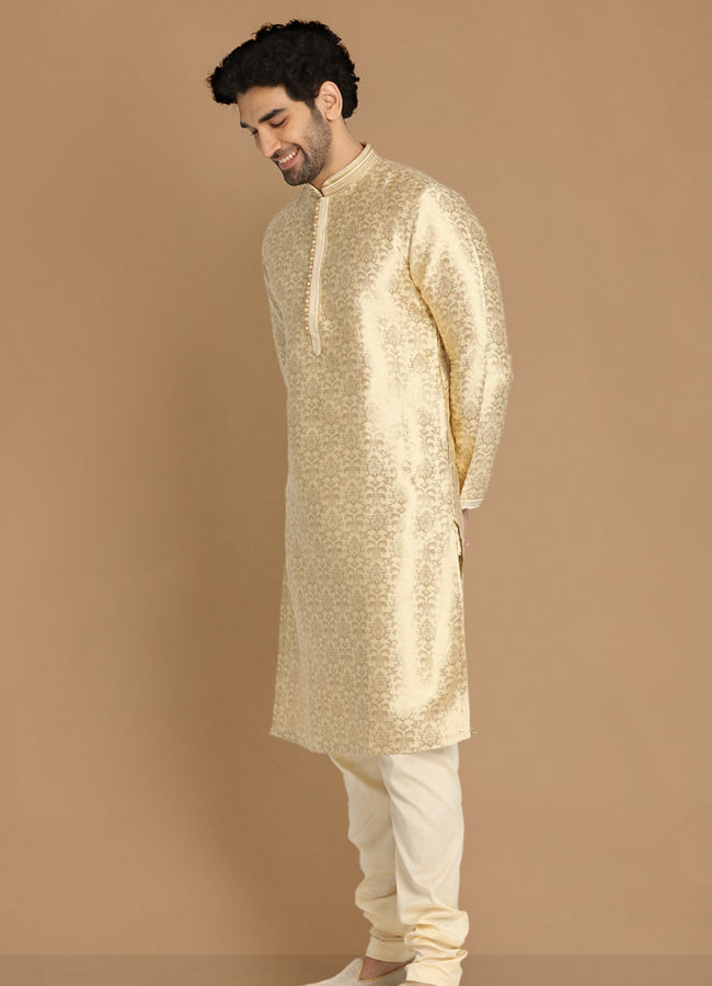 Manyavar Men Beige Jacquard Kurta Set