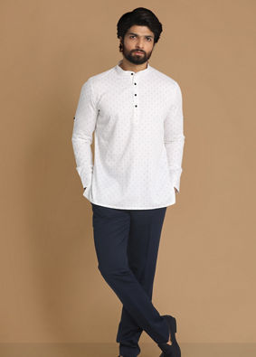 Manyavar Men White Booti Print Short Kurta