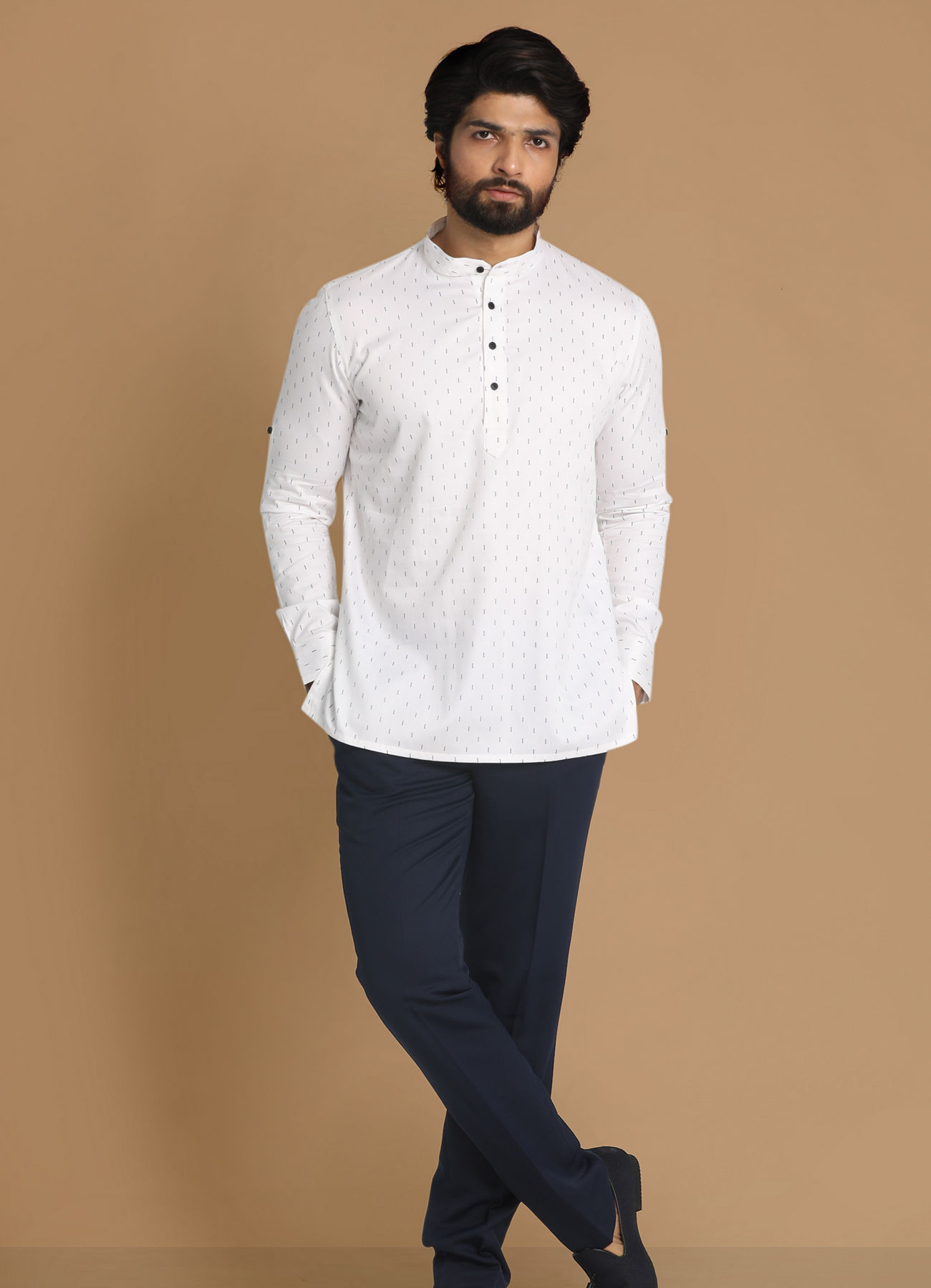 Manyavar Men White Booti Print Short Kurta