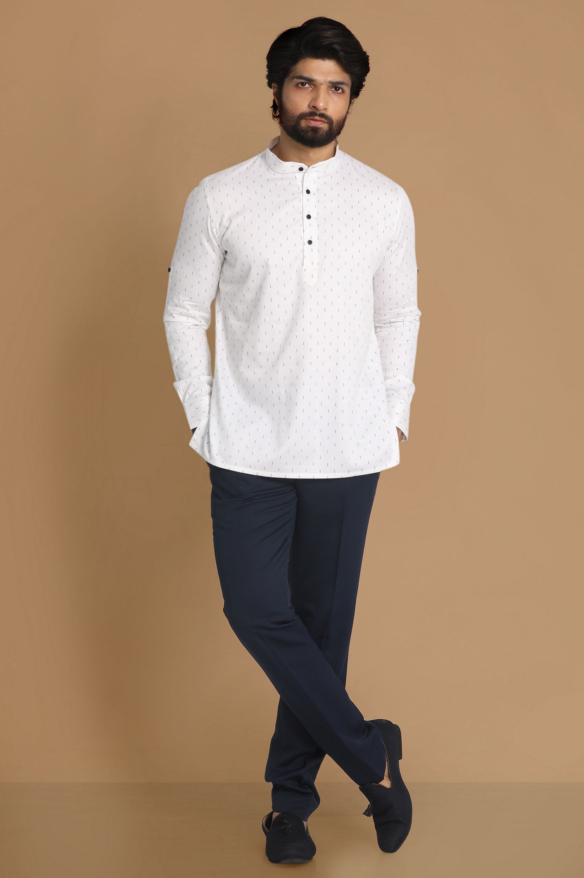 Manyavar Men White Booti Print Short Kurta