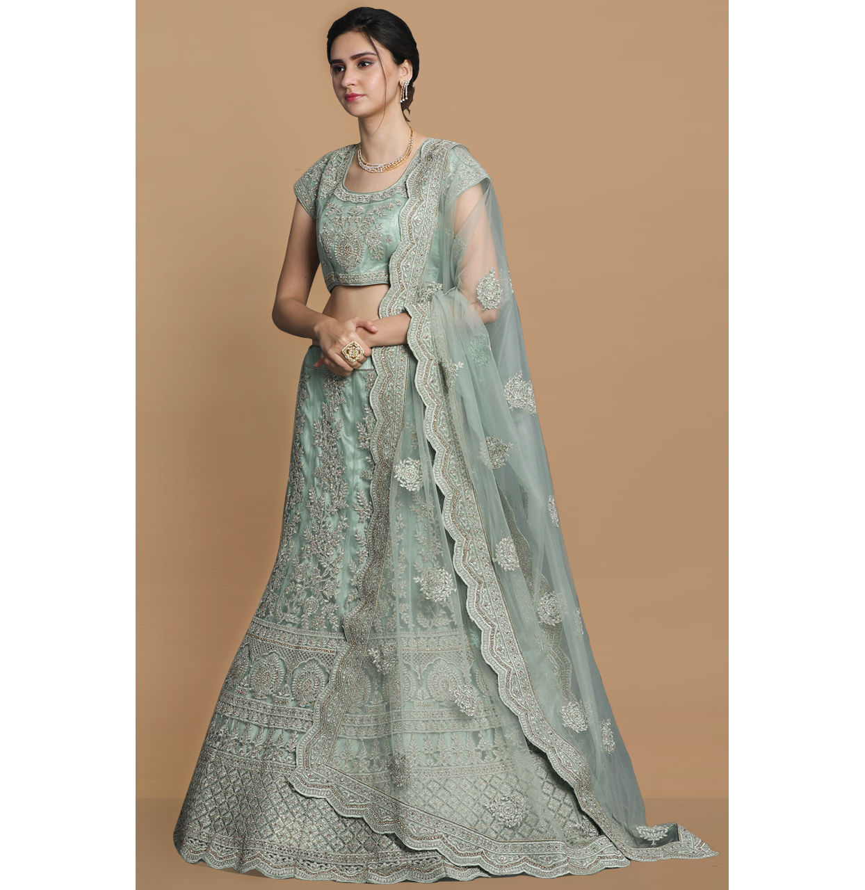 Mohey Women Pista Net Embroidered Bridal Lehenga