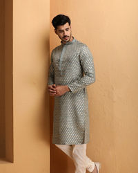 Manyavar Men Steel Blue Jacquard Kurta Set