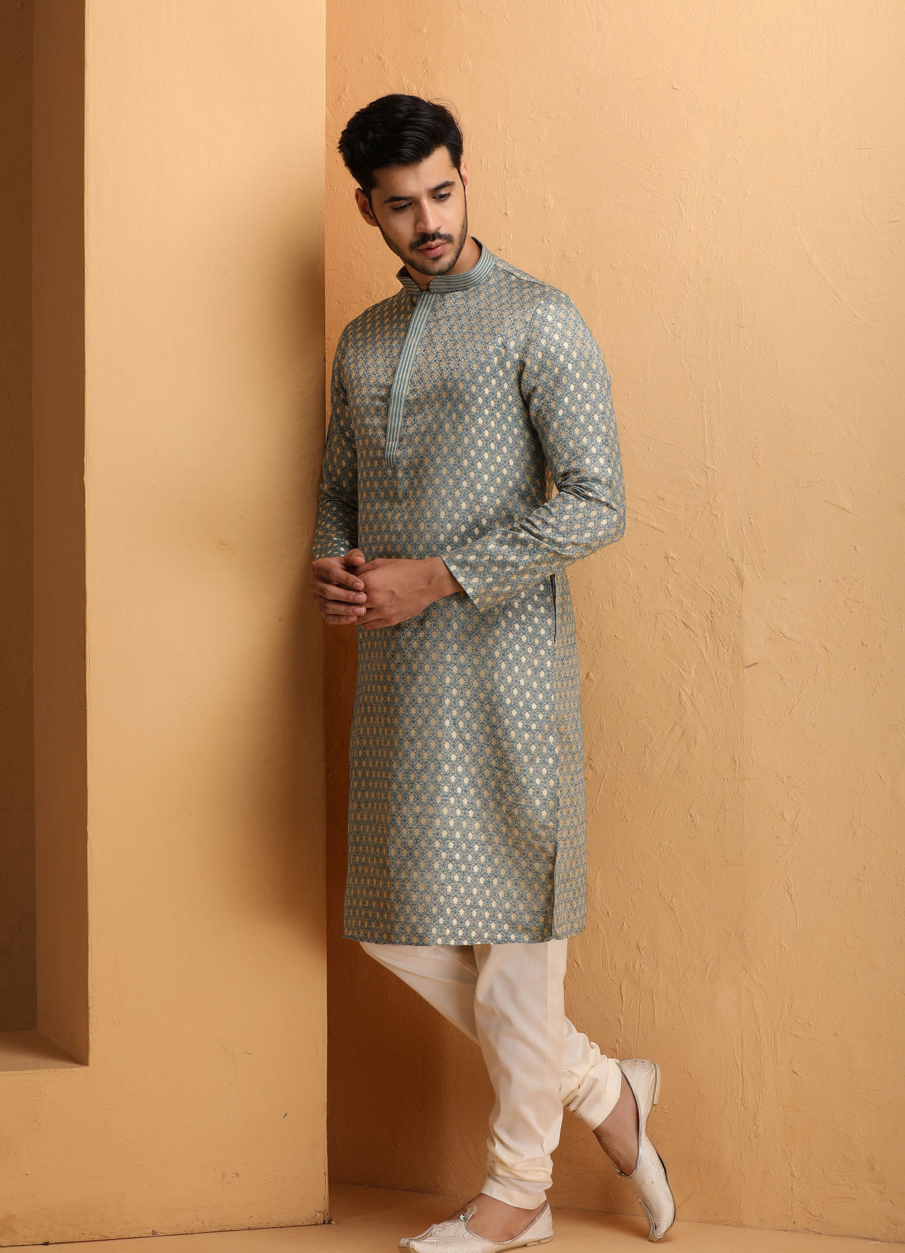 Manyavar Men Steel Blue Jacquard Kurta Set