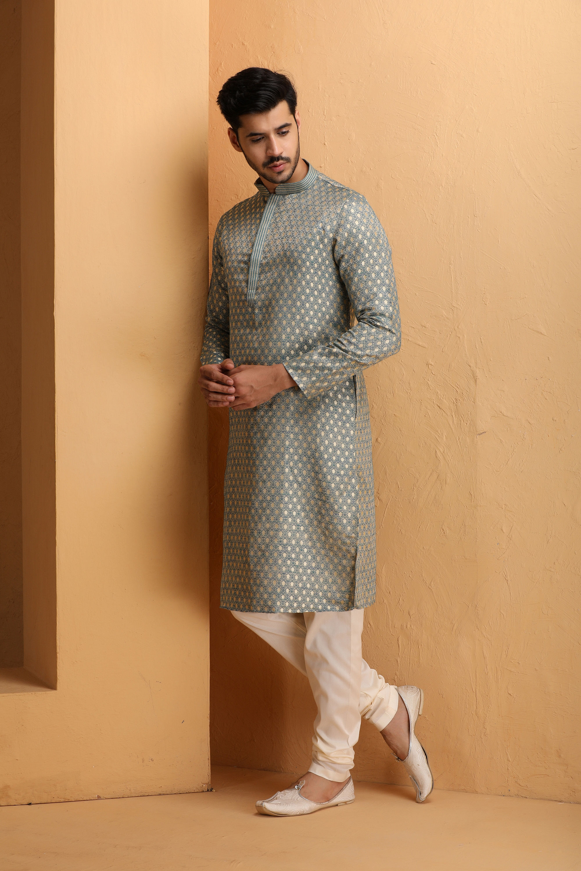 Manyavar Men Steel Blue Jacquard Kurta Set