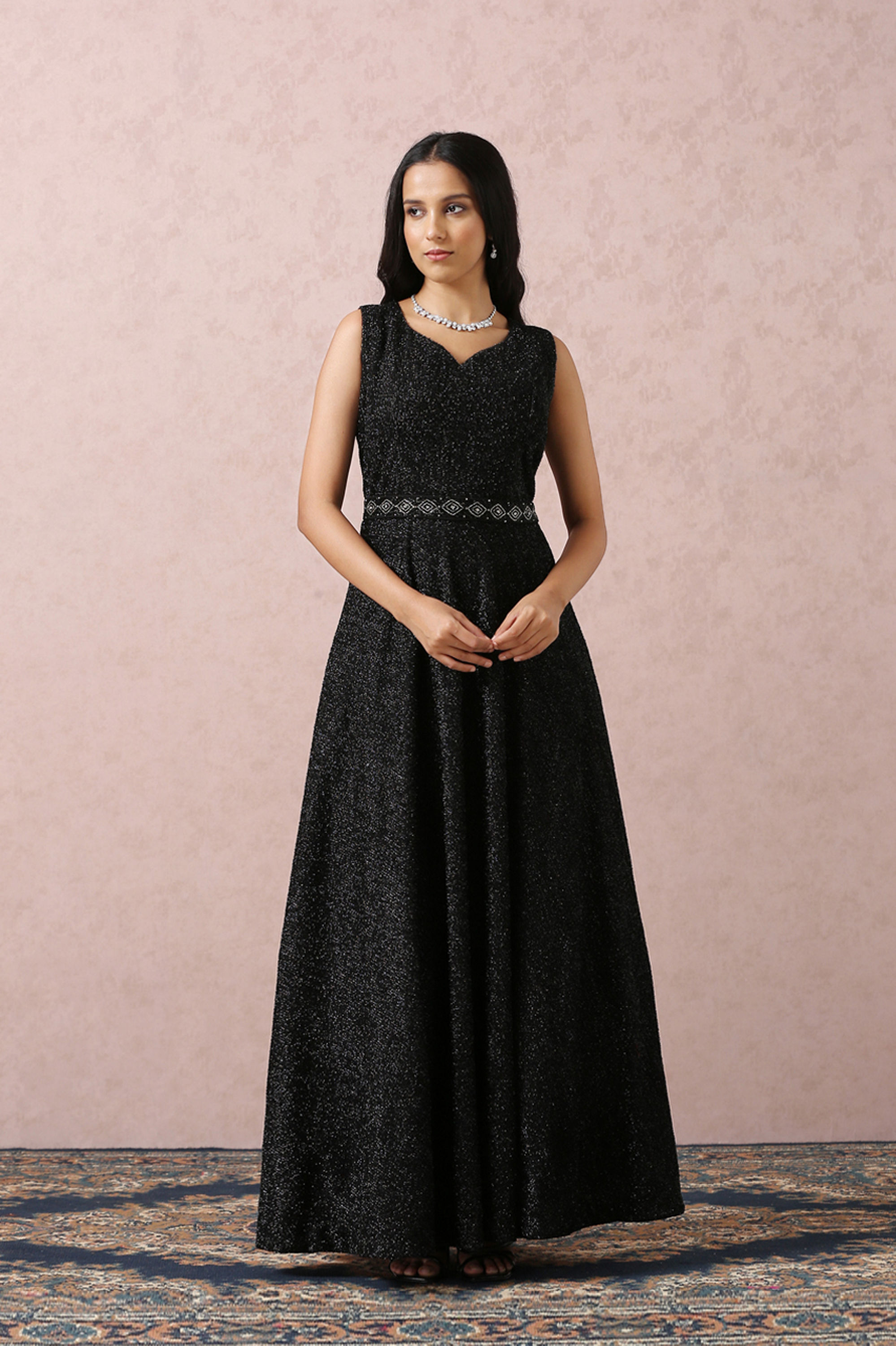 Mohey Women Black Stardust Gown With Belt