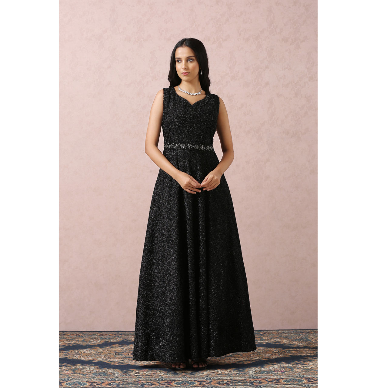 alt message - Mohey Women Black Stardust Gown With Belt image number 0