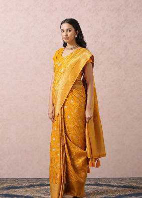 Mustard Yellow Saree With Gold Border image number 3