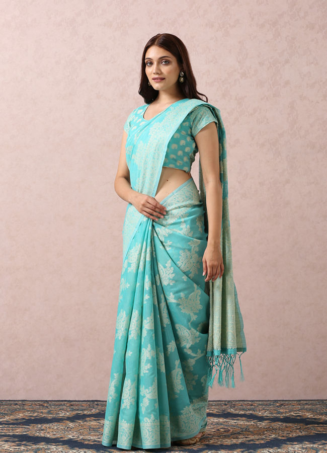 Teal Blue Printed Saree image number 3