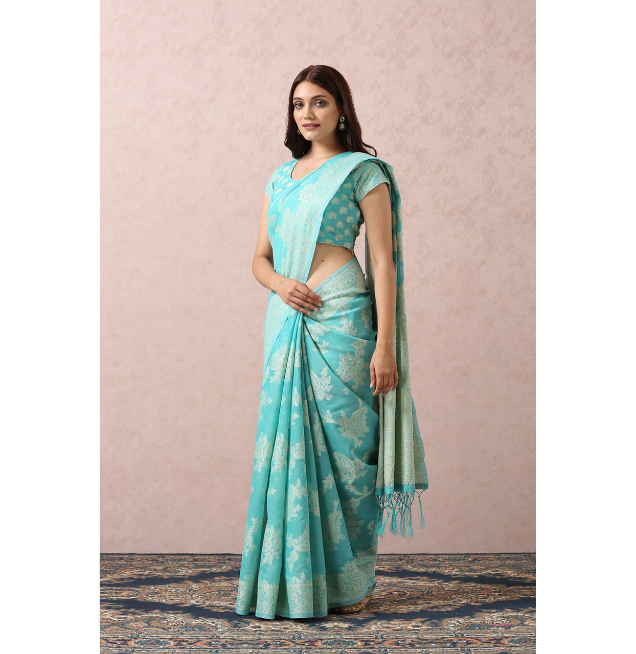 Teal Blue Printed Saree image number 3