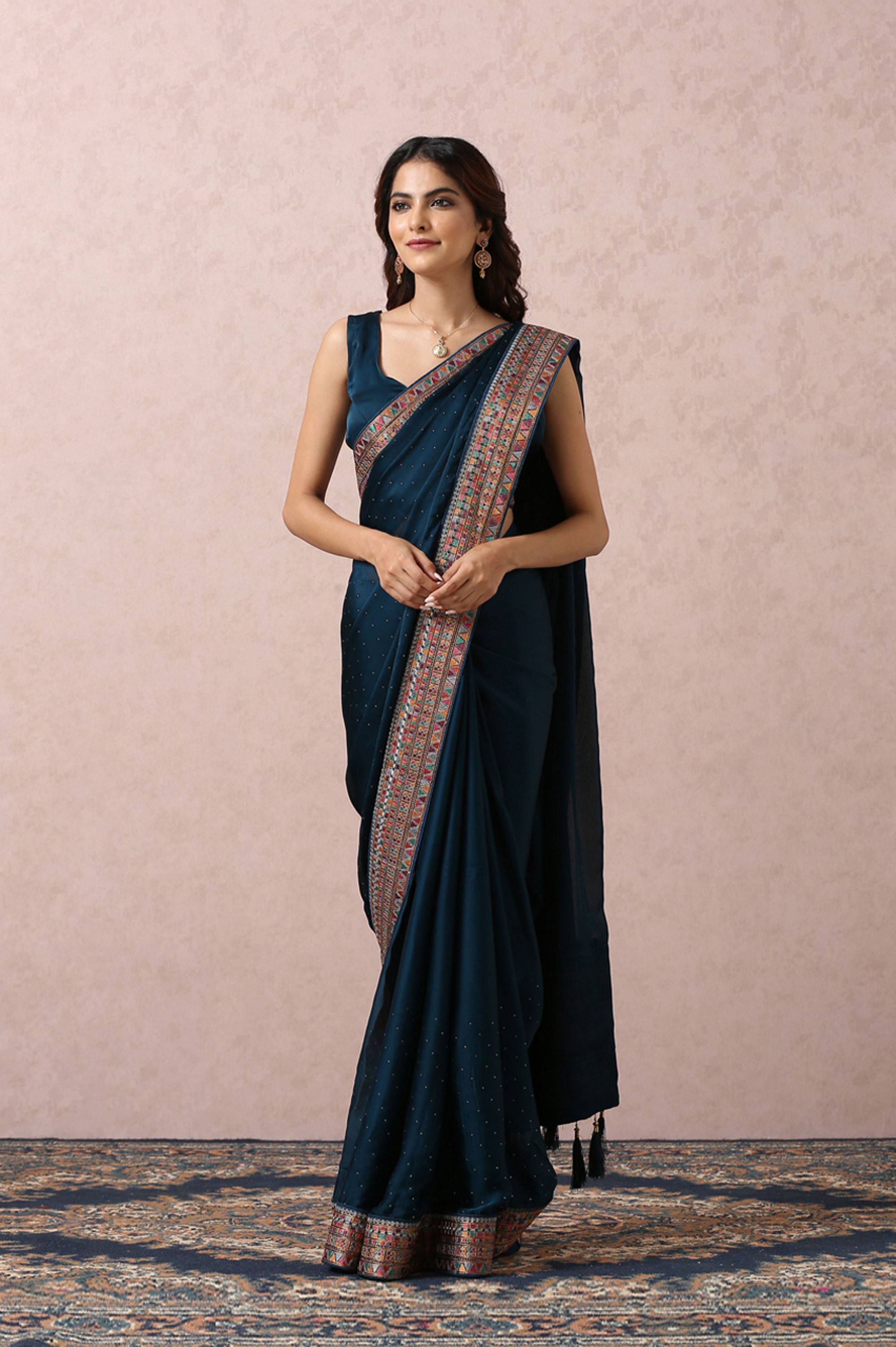 Mohey Women Teal Blue Saree With Multicoloured Border