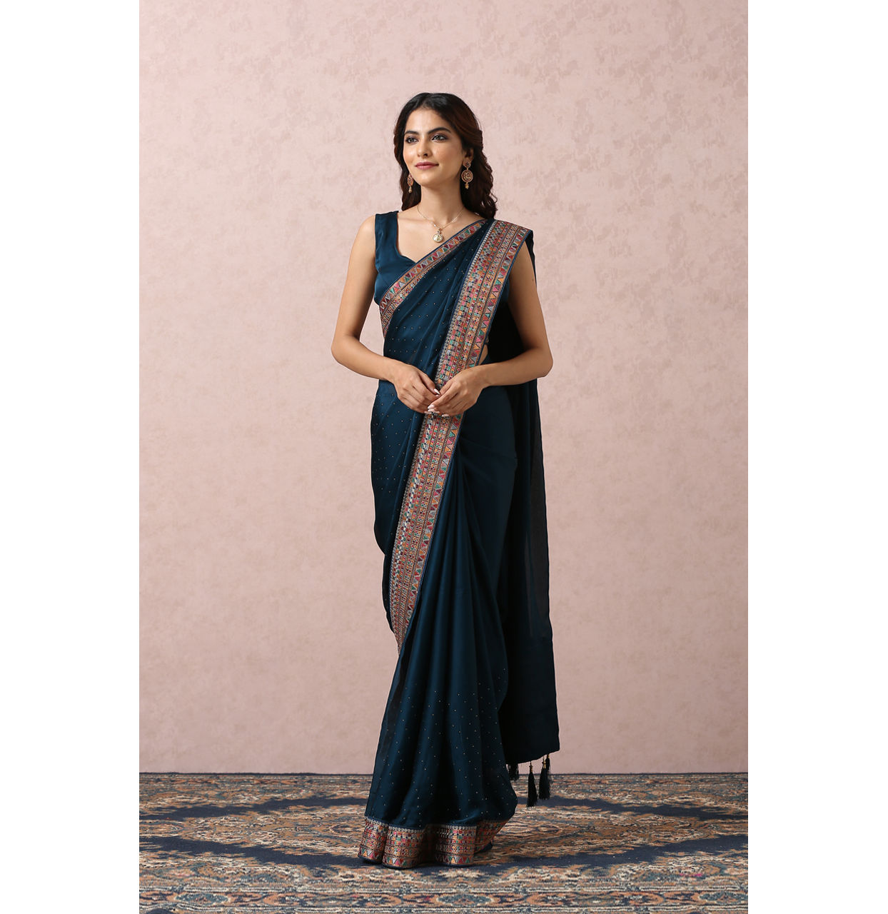 Mohey Women Teal Blue Saree With Multicoloured Border