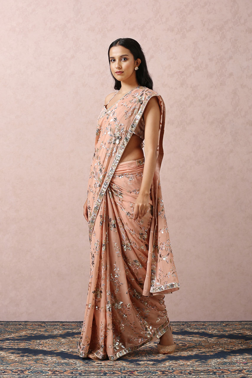 Mohey Women Peach Sequins Embroidered Saree