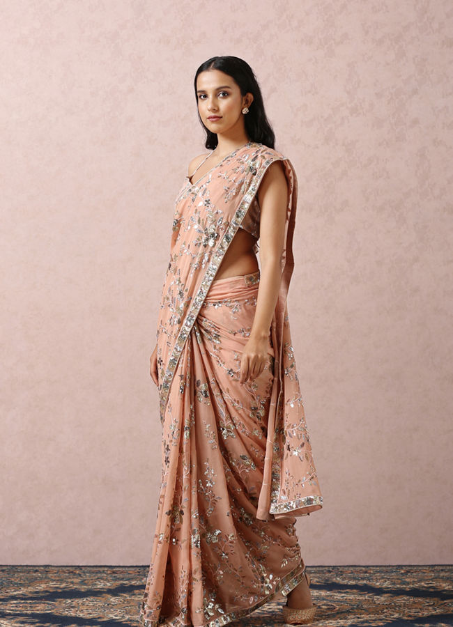 Mohey Women Peach Sequins Embroidered Saree
