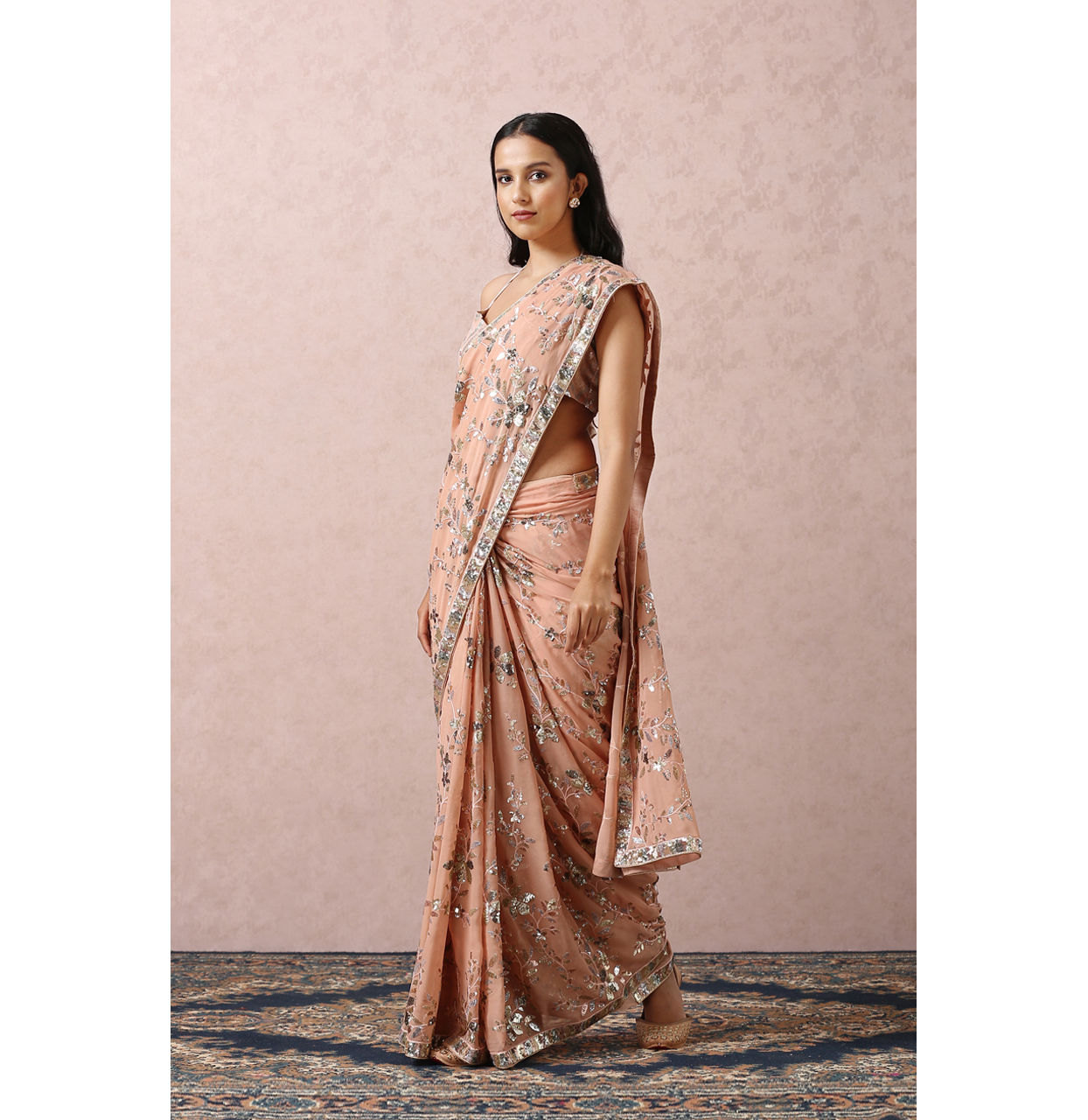 Mohey Women Peach Sequins Embroidered Saree