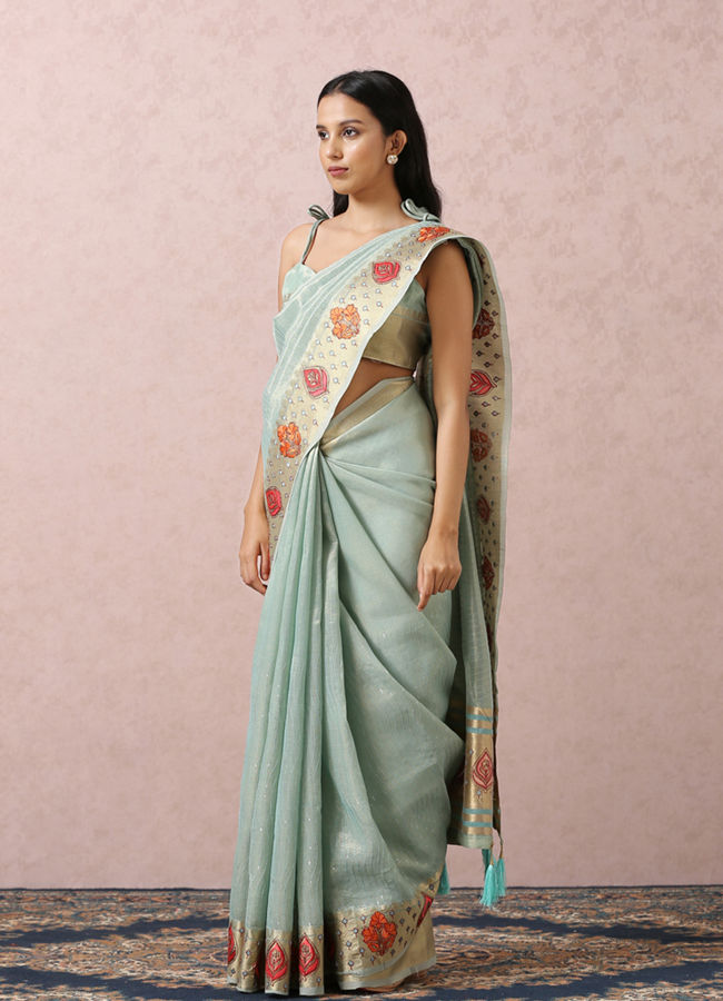 Mohey Women Light Blue Floral Chanderi Saree
