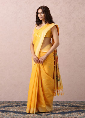 Yellow Floral Chanderi Saree image number 3