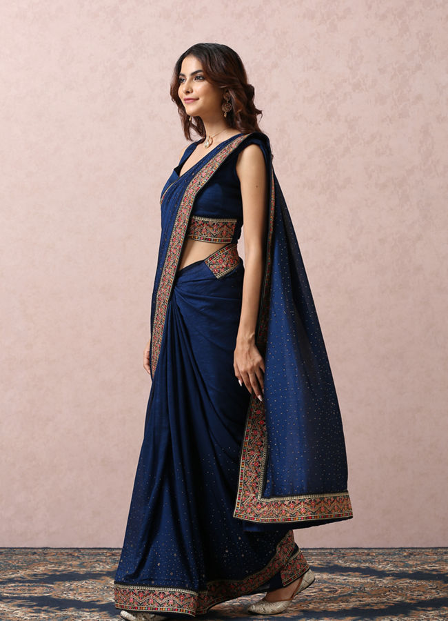 Indigo Blue Art Silk Saree With Multicoloured Border image number 3