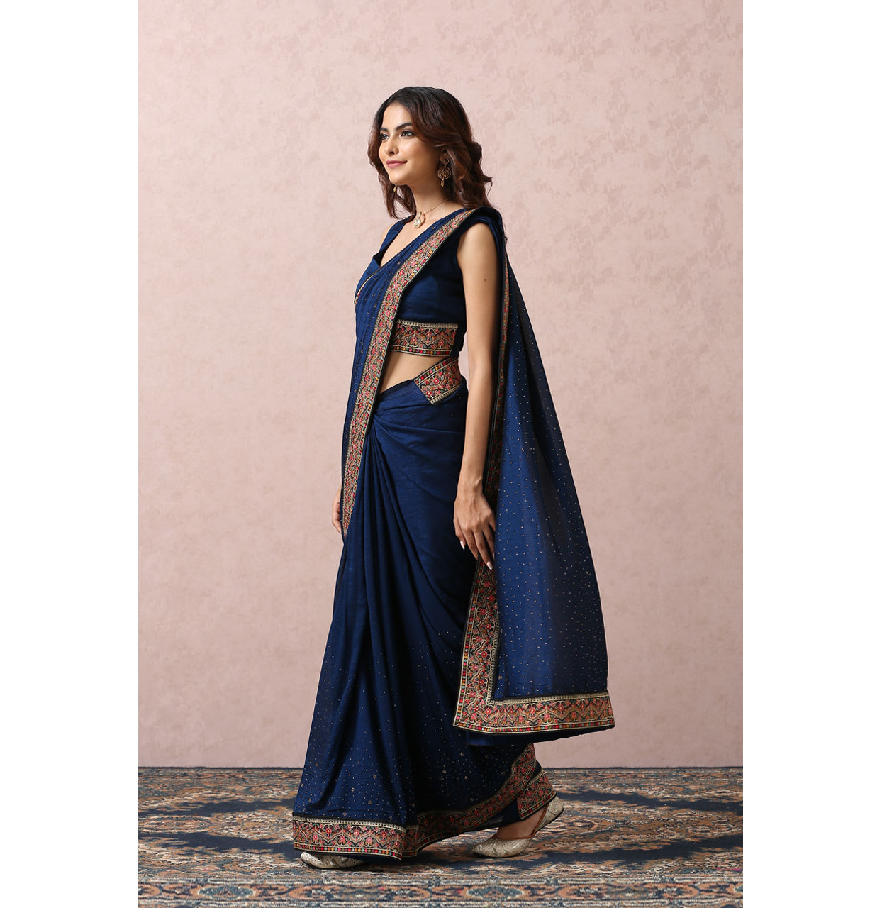 Mohey Women Indigo Blue Art Silk Saree With Multicoloured Border