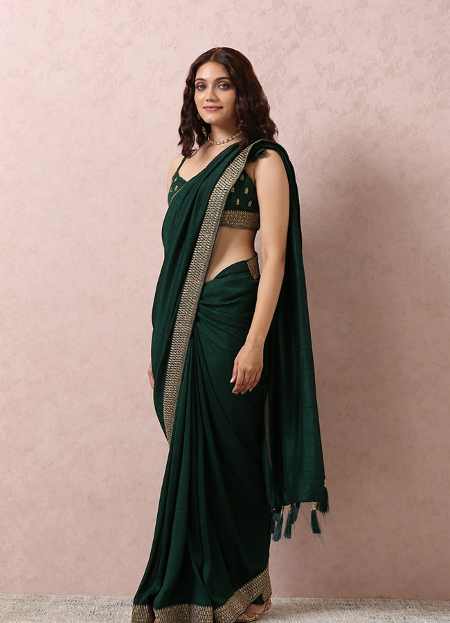 Dark Green Art Silk Saree With Stone Border image number 3