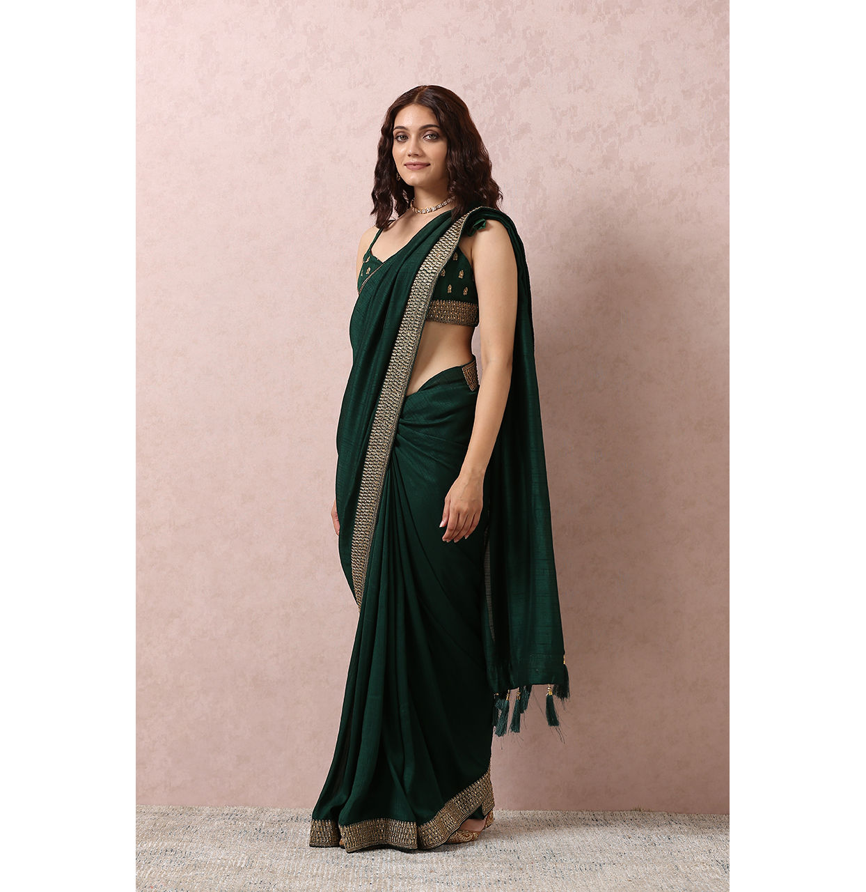 Dark Green Art Silk Saree With Stone Border image number 3