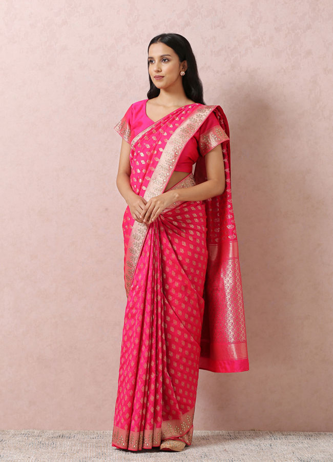 Mohey Women Rani Pink Bridal Saree With Mirror Border