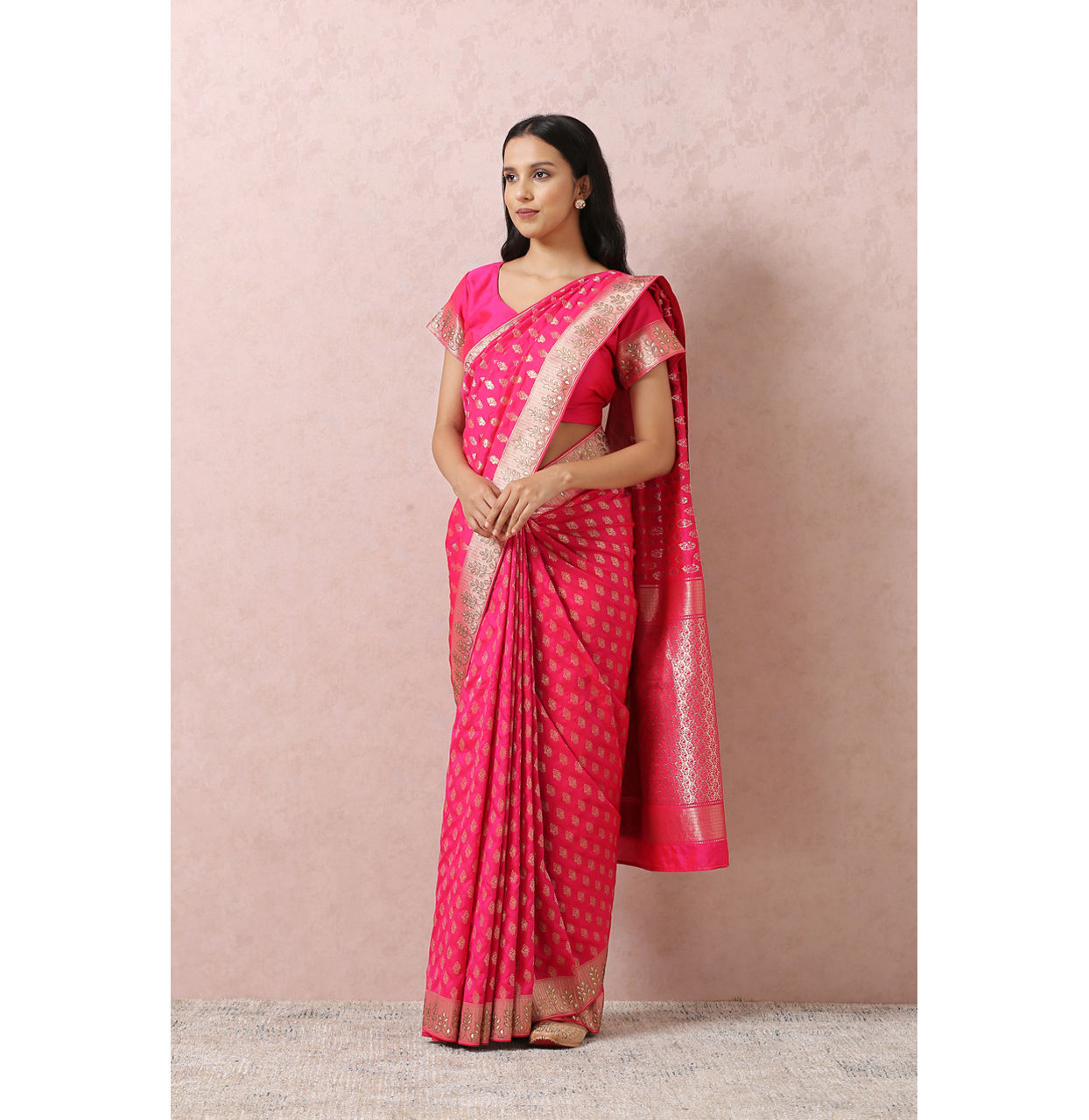 Mohey Women Rani Pink Bridal Saree With Mirror Border