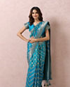 alt message - Mohey Women Teal Blue Golden Motif Saree image number 0