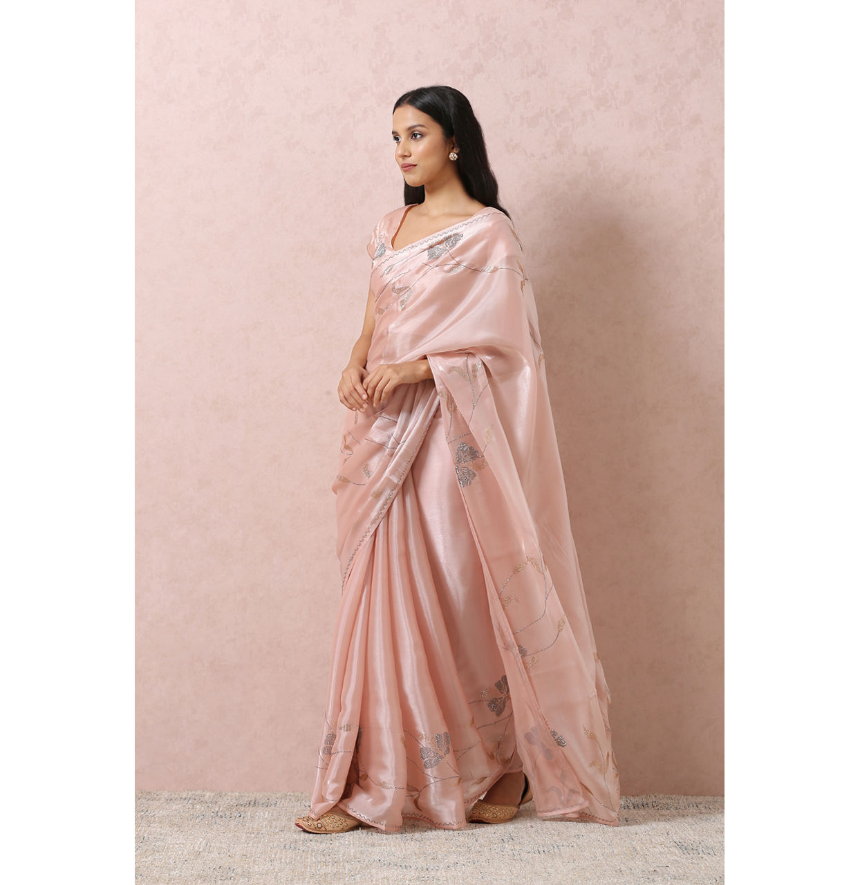 Mohey Women Peach Organza Saree With Stone Embellishment