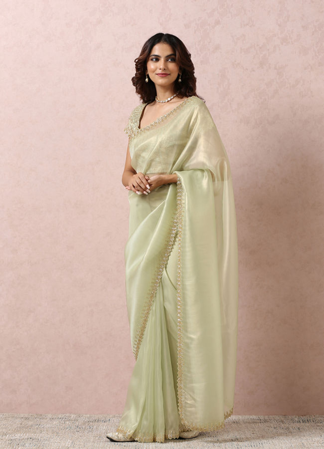 Pista Green Organza Saree With Stone Border image number 3